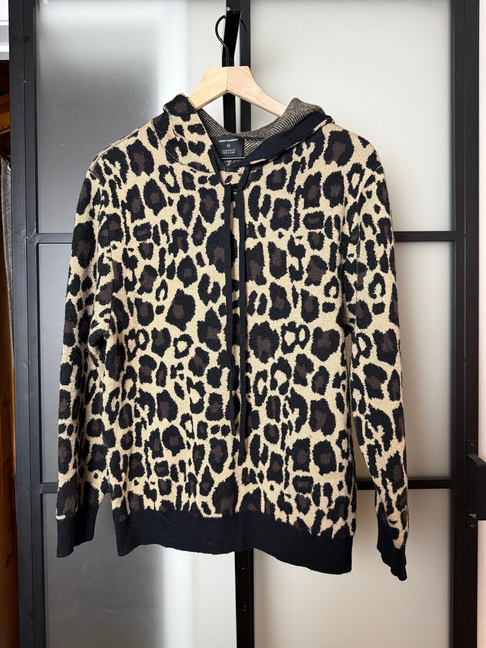 Robert Rodriguez x Barneys Black Cheetah Print Wool Hooded Sweater Size Small